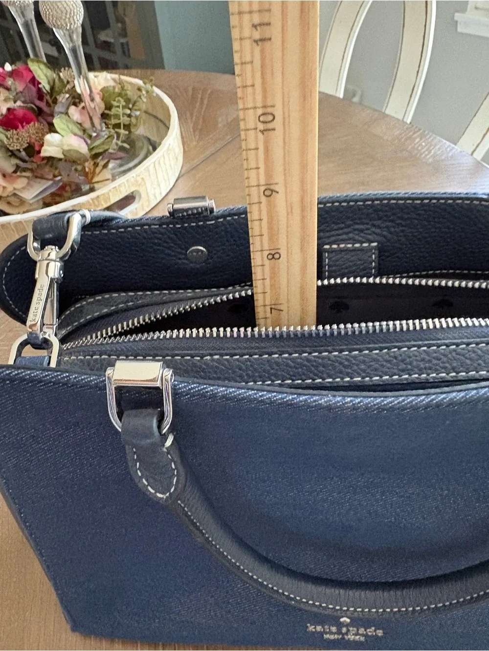kate spade navy blue structured satchel with top handles